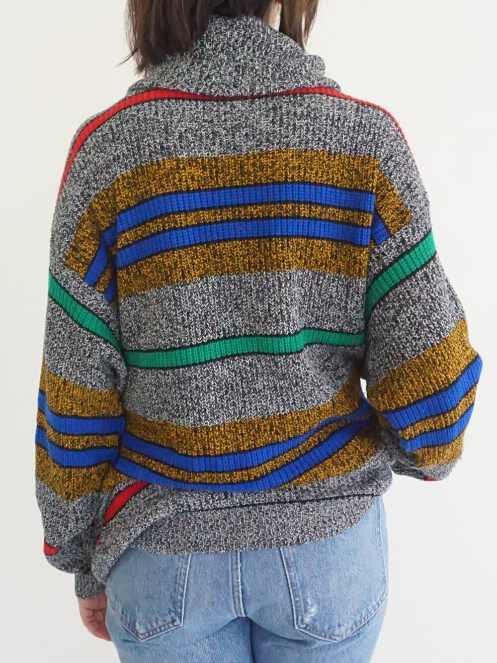 Vintage Gianni Grey Multicolor Striped Colourblock Chunky Knit Sweater 22/24 - Picture 2 of 10